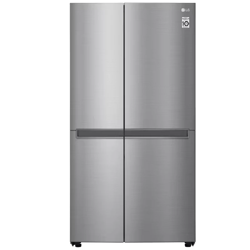LG 4-door side by side fridge open showing fridge and freezer compartments